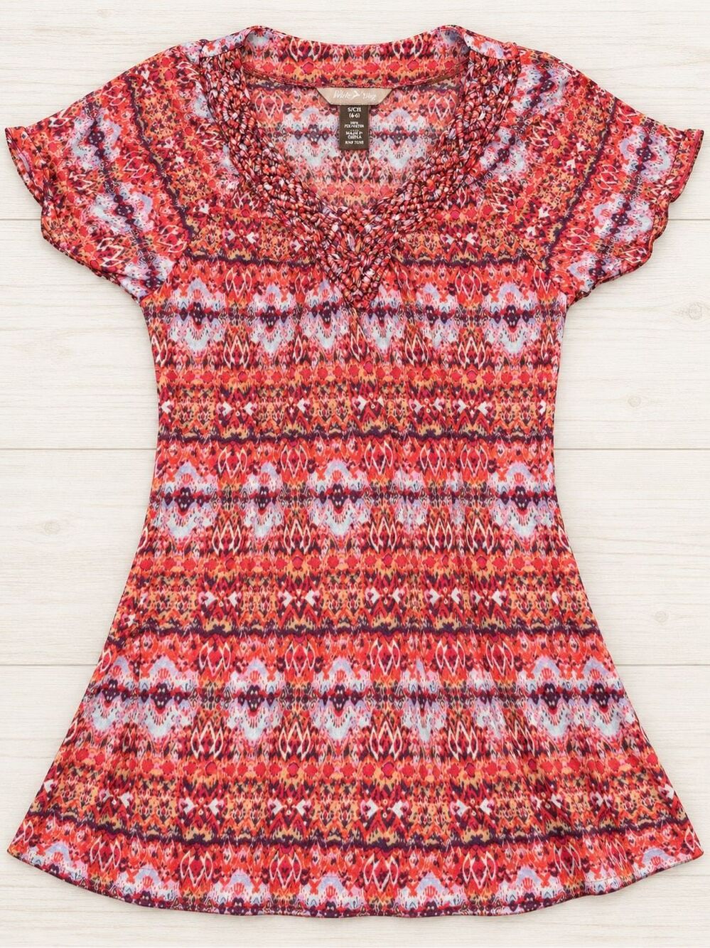 White Stag Women’s Small Boho Tunic Top Red Abstract Print Braided V Neck